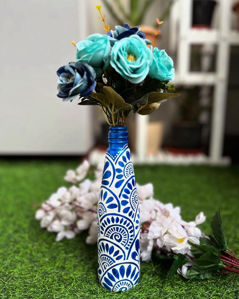 Handpainted Blue Glass Bottle