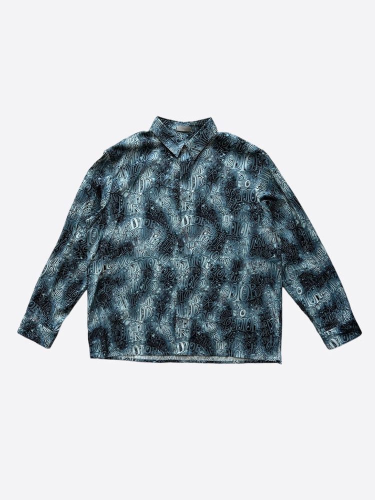 DiorStussy Blue Wavy Print Button Up Shirt