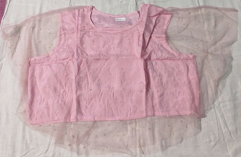 Women Pink Net Crop Top