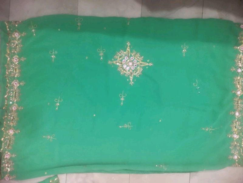 Sea Green 💚 Designer Saree Along With STITCHED