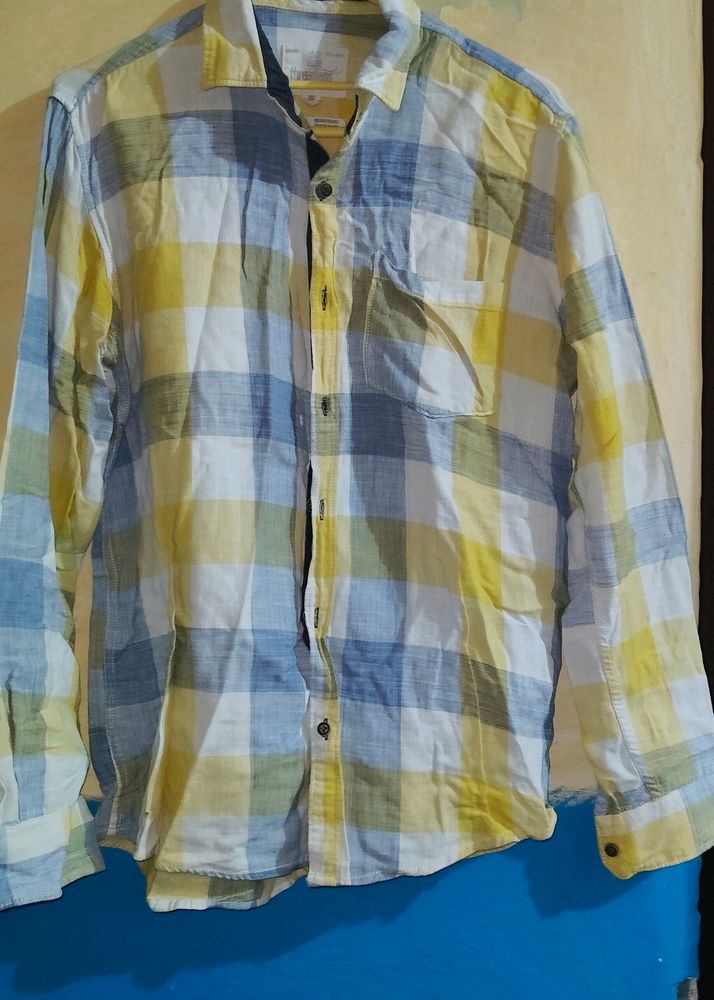 Check Shirt Of White,Blue And Yellow.Size : XXL