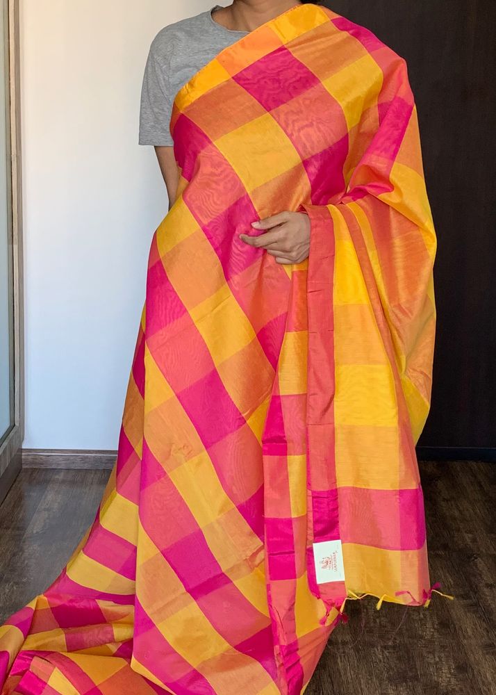 Yellow And Pink Checked Silk Saree