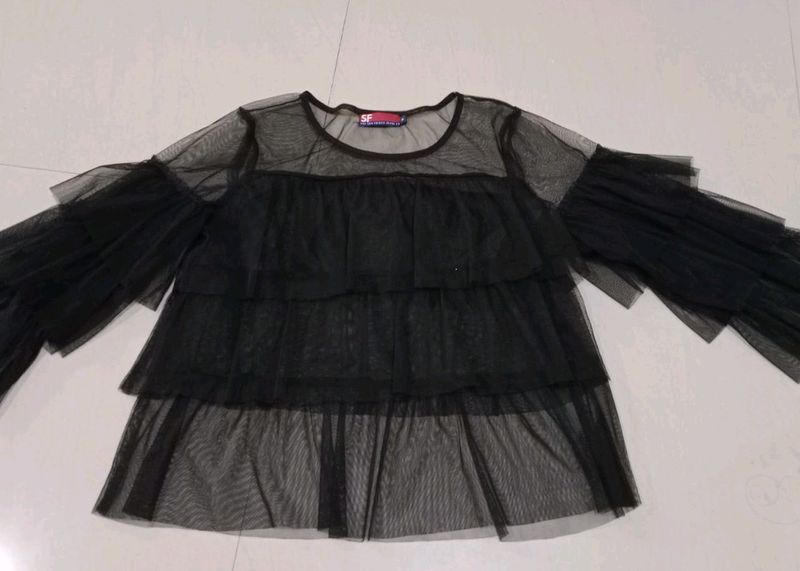 Black ruffled mesh top