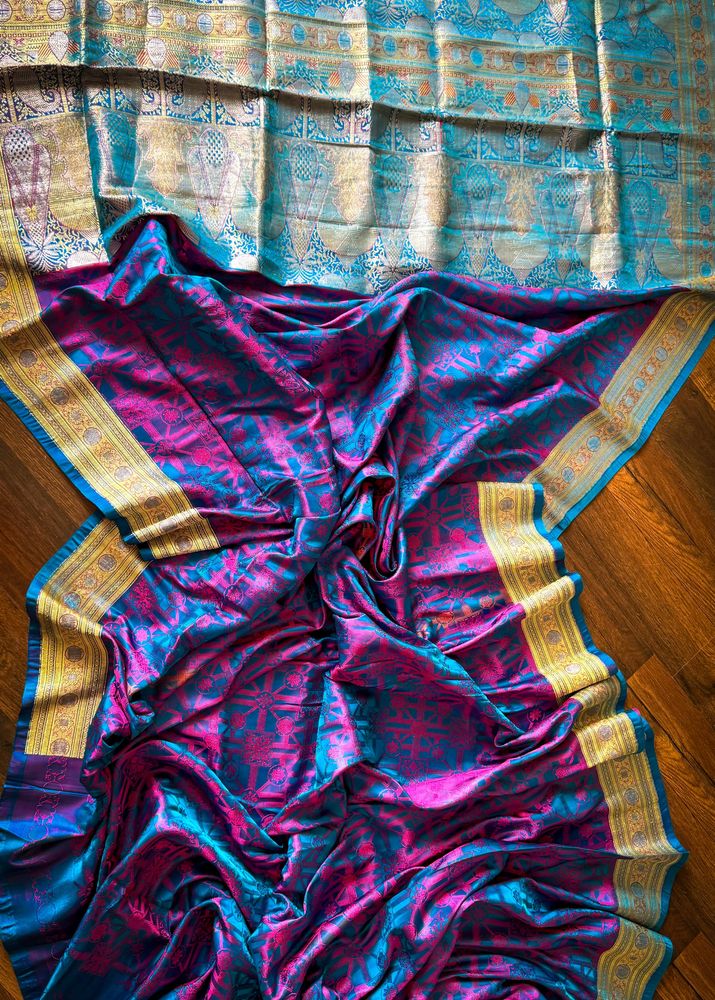 100% Pure Triple Tone Himroo Jamavar Silk Saree