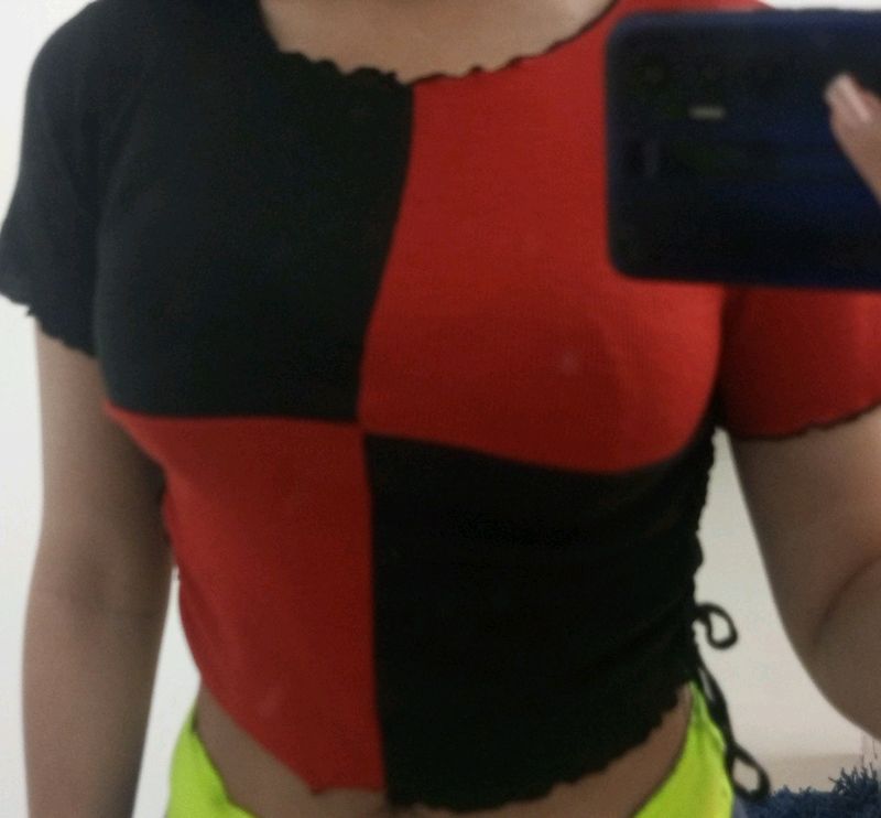 Red and black tie up crop top