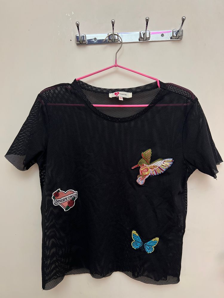 Black Mesh Embroidered Shirt