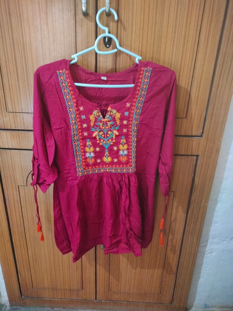 Red Embroidered Short Kurti