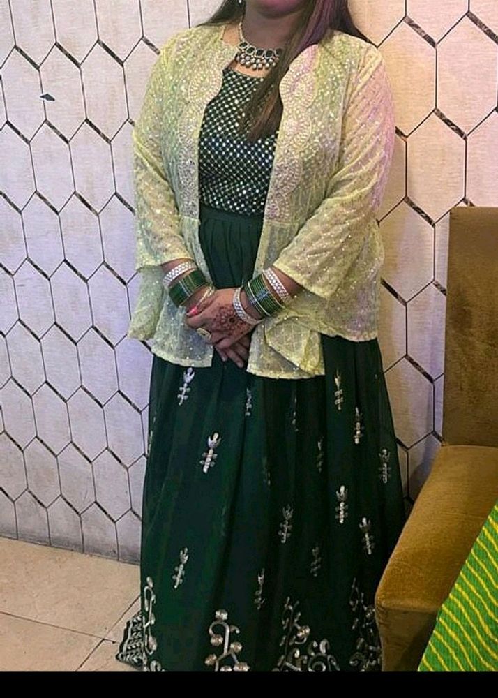 Green Lahenga Sequence Blouse And Shrug