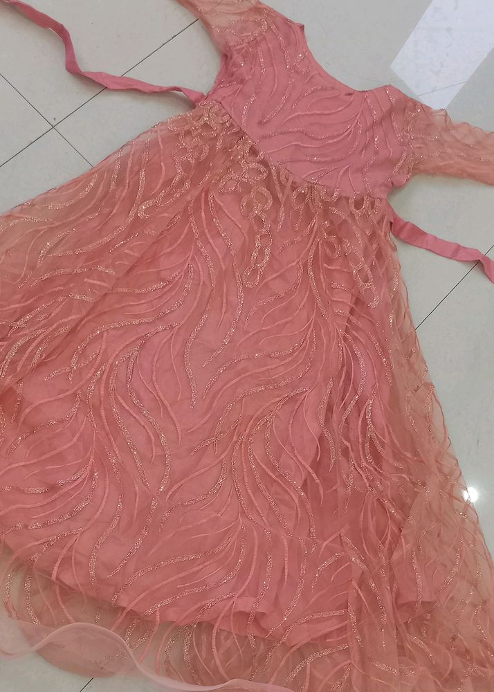 Peach Pink Wavy Gown For Girls