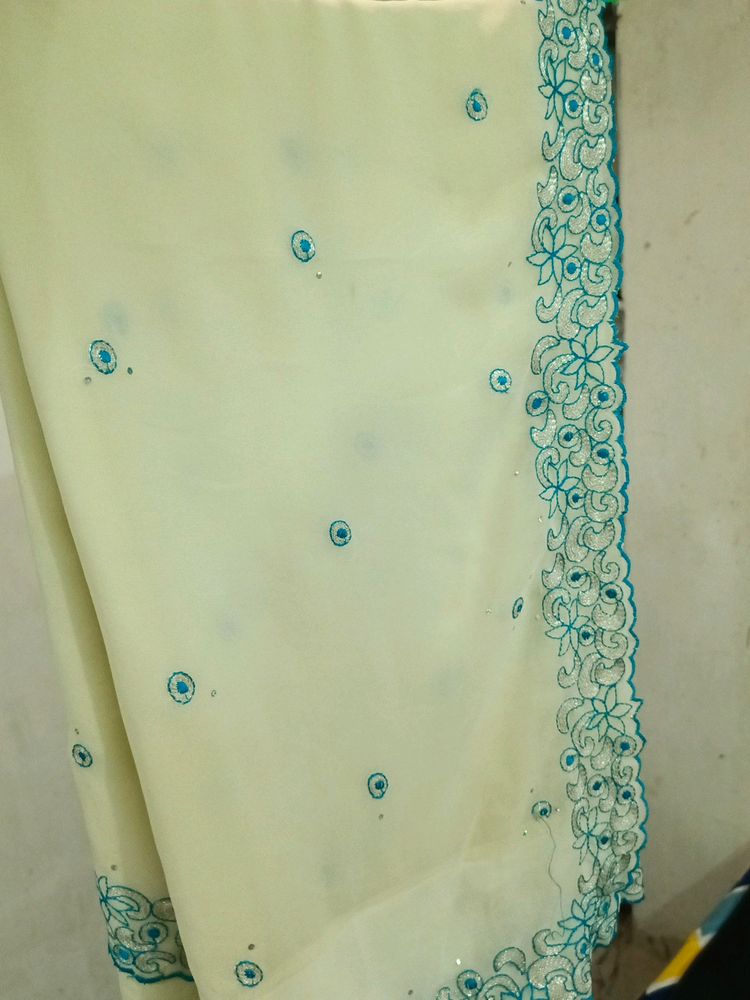 Georgette Saree Cream Color With Thread Work