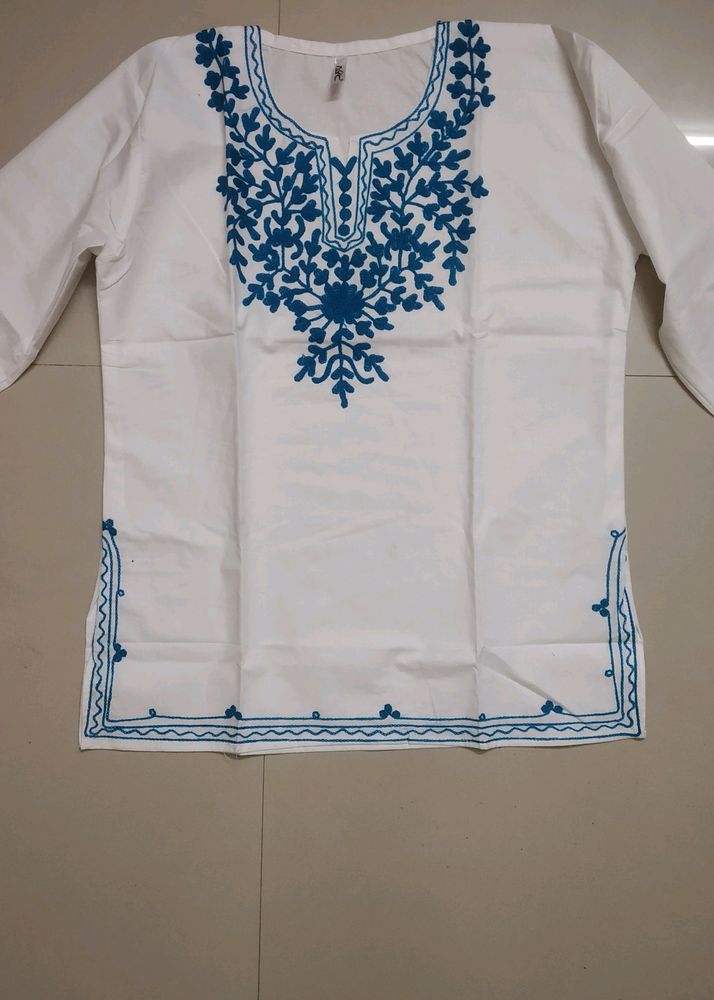 White And Blue Embroidered Short Kurti