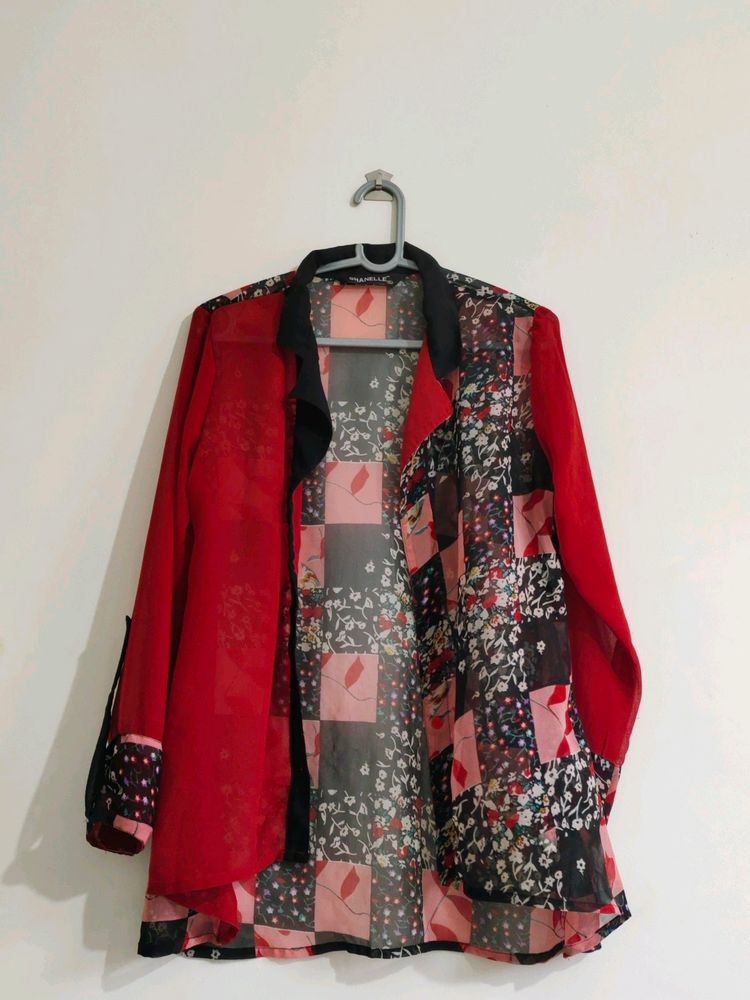 Women Red Printed Shrug Style Tunic