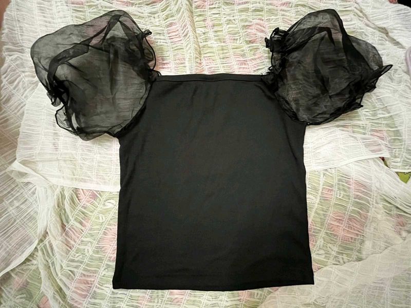 Puffy Net Sleeves Crop Top