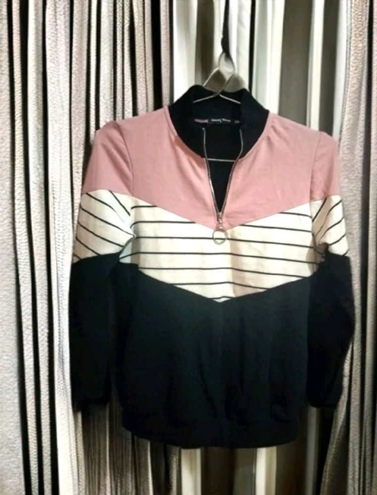 Black Pink Zipper Collar Sweatshirt