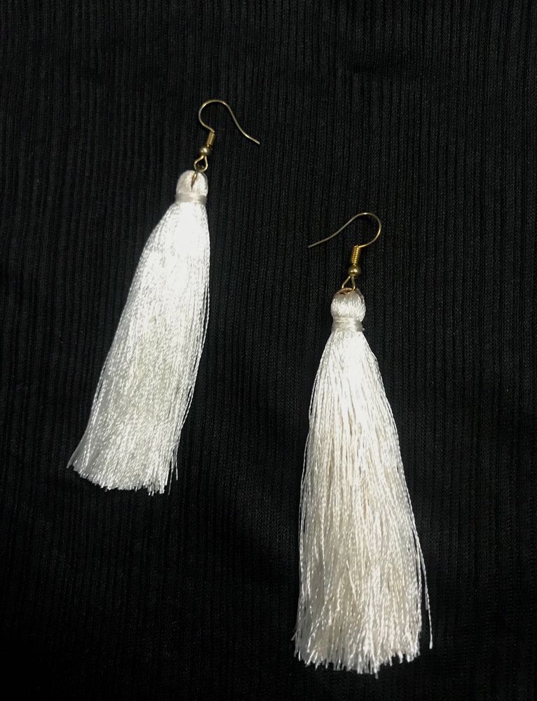 White Silk Thread Earrings