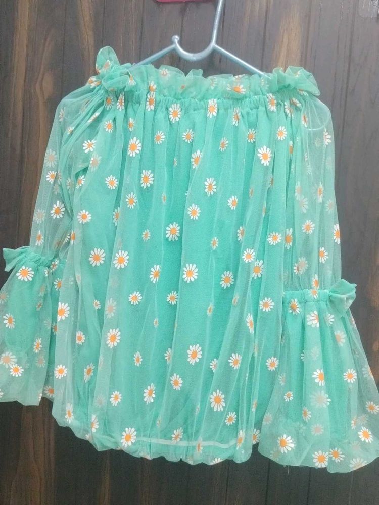 Green Off Shoulder Top With Flowers Prints