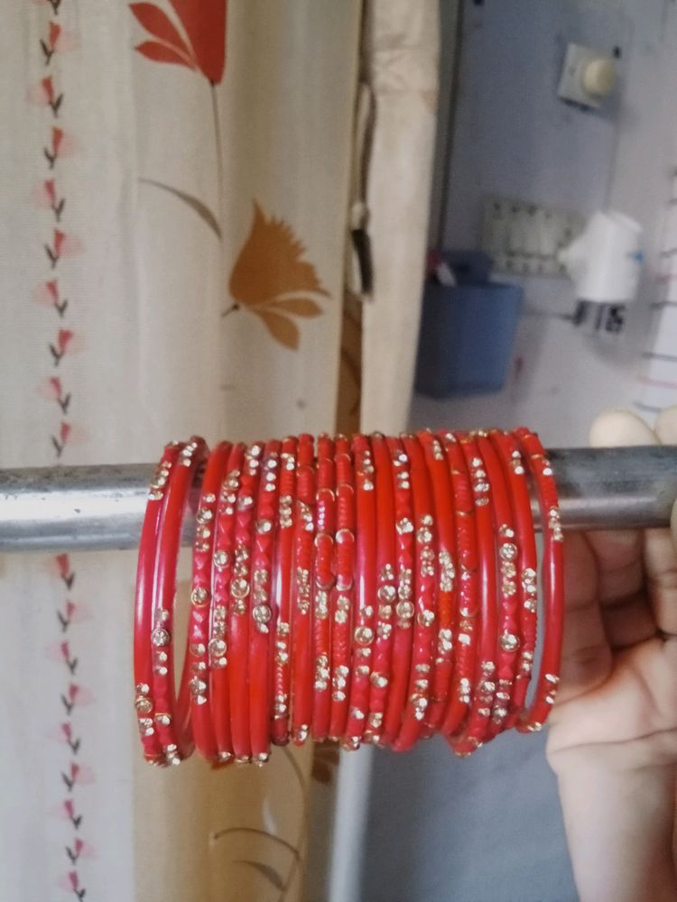 Red Glass Bangles With Stone Work