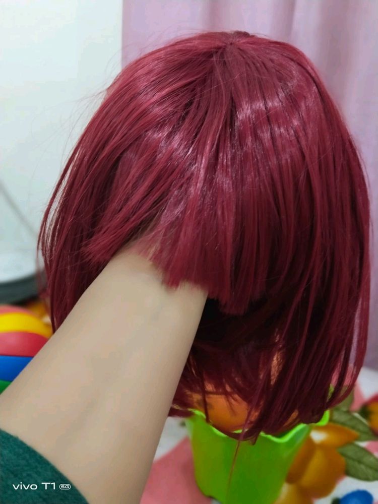 Red Korean Hair Full Head Wig With Bangs