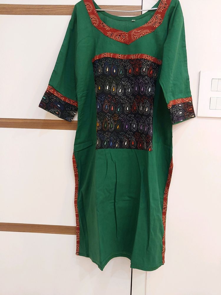 Green Cotton Kurti With Kalamkari And Kantha Stitch Yoke