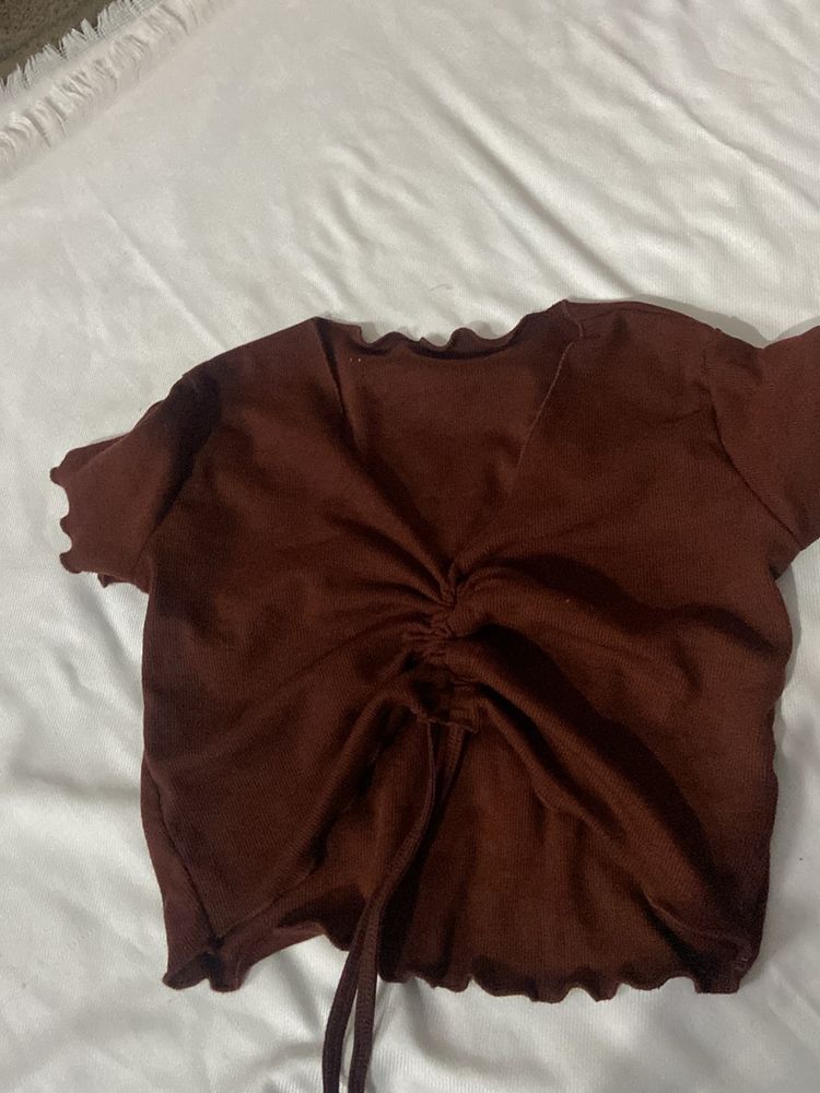 Brown crop top with front knot V neck