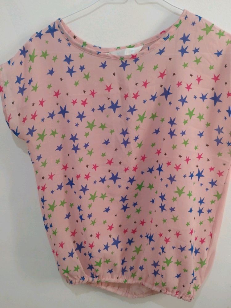 Cute Transparent Printed Light Pink Top With Size