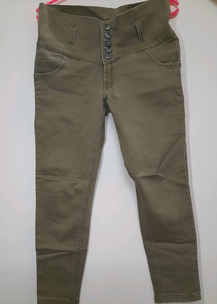 Khaki Colour High Waist Jeans For Women