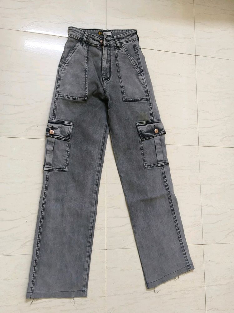 Off Duty India Metal Grey High Waist Cargo Jeans