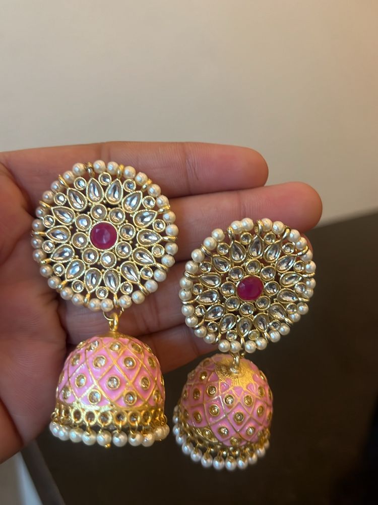 stylish Pink Kundan Pearl Jhumka For Women