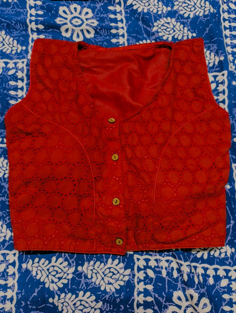 Padded Red V-Neck Blouse