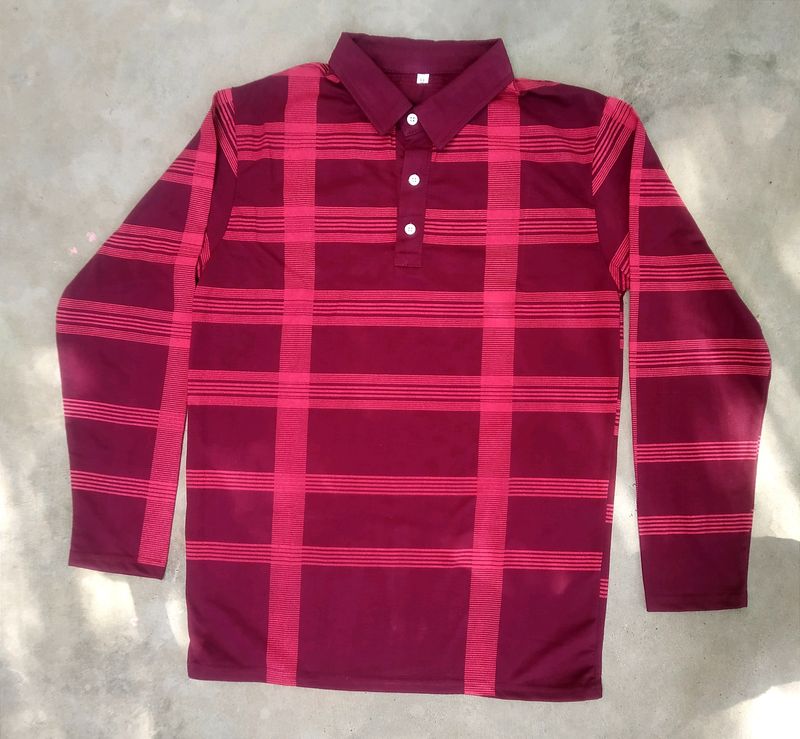 Mens Checked Maroon Cotton Full Sleeves T-shirt