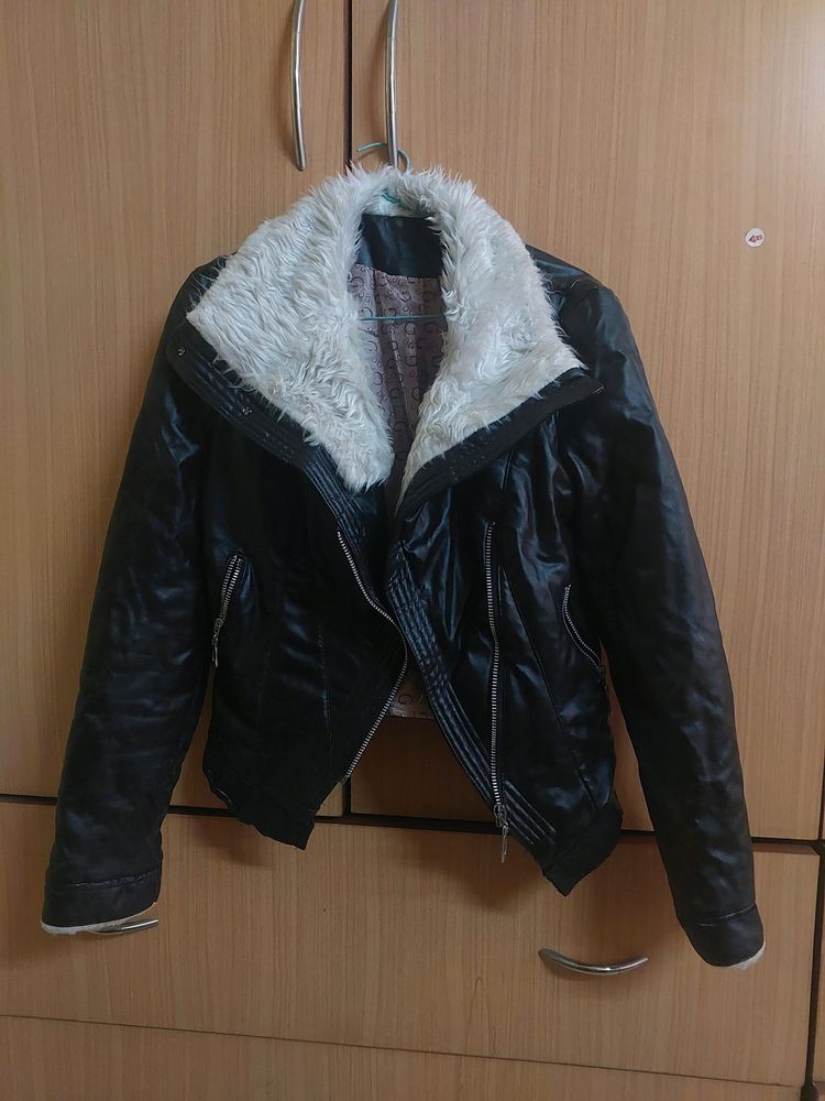 PU Leather Biker Javket With Fur Collar