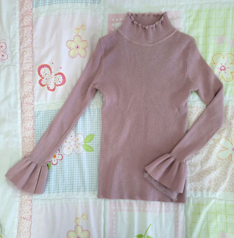 Pretty Pink Shimmer Rib-Knit Turtleneck