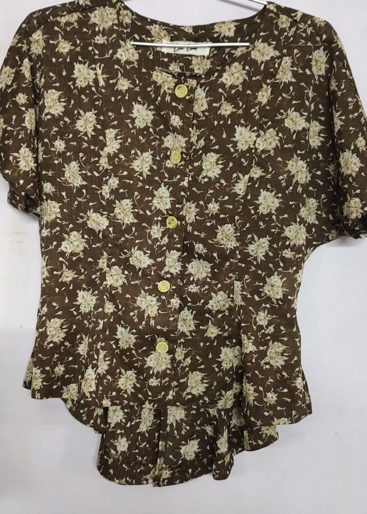 Brown Floral Top With Bow