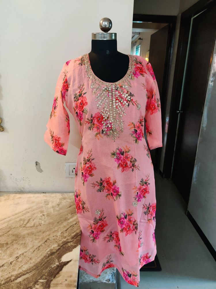 Kota Doria Floral Kurta With Gota Neckline