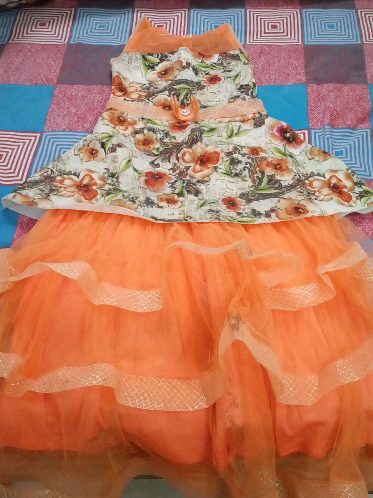 Orange Girls Gown Dress With Shrug