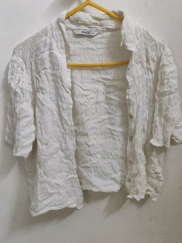 White Crinkled Crop Shirt By Only