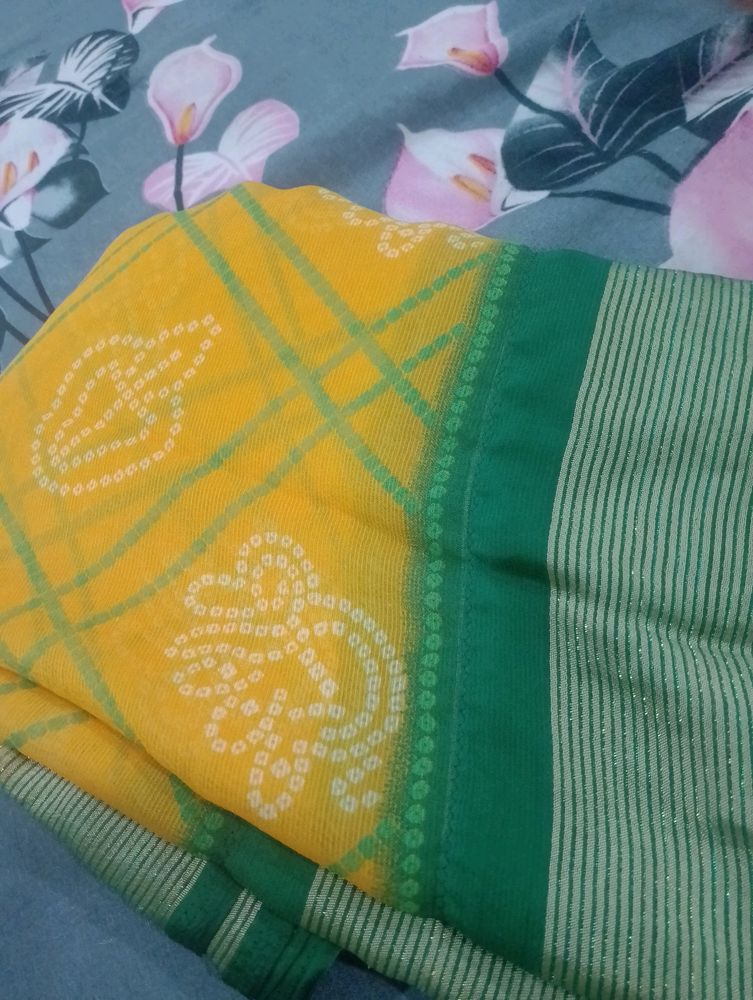 Yallow And Green Bandhni Saree