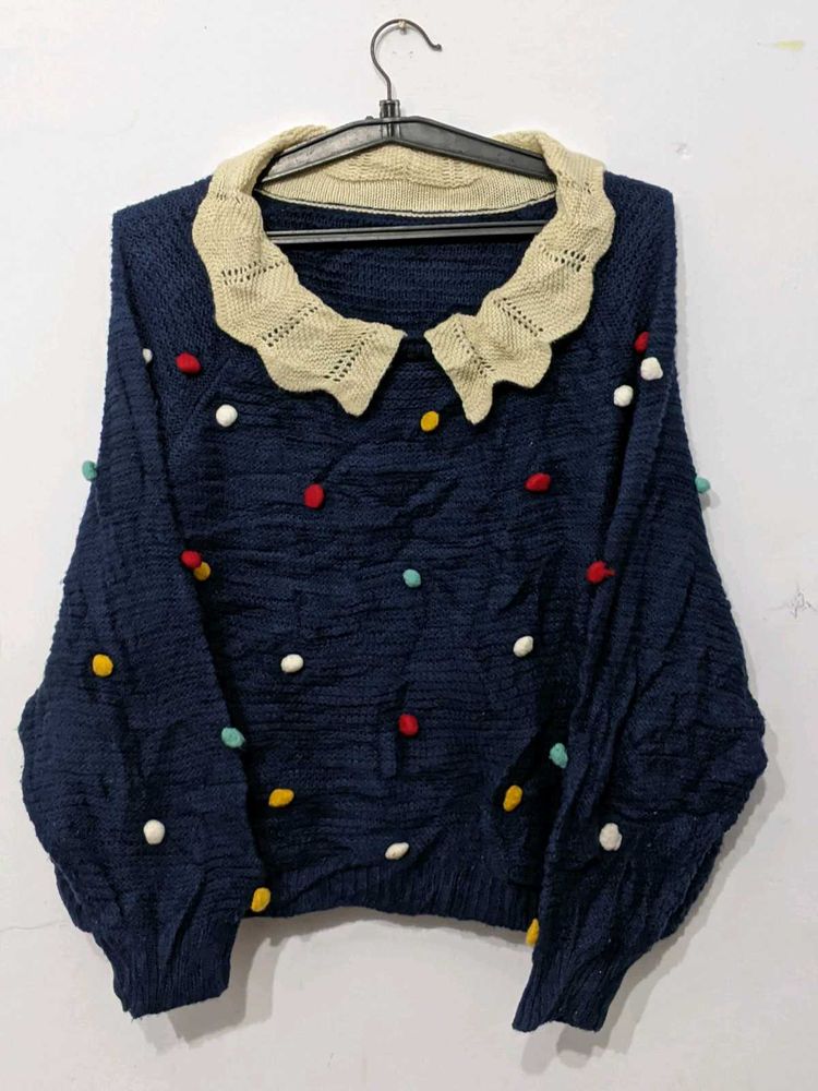 Navy Blue Sweater With Pompoms