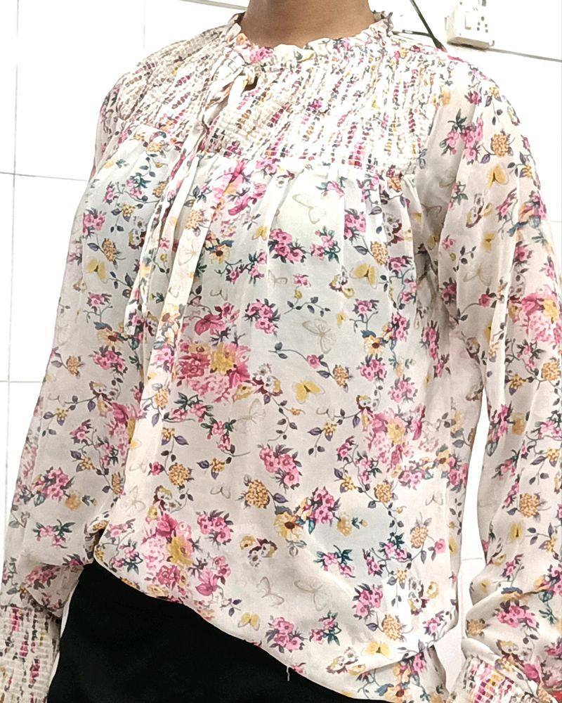 White Flowery High Neck Top