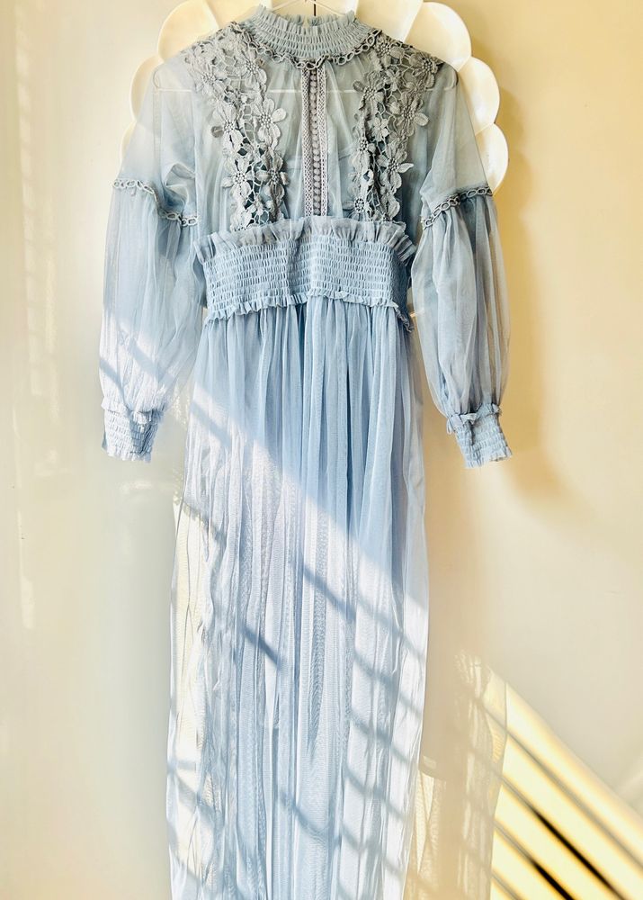 Blueish Embroidered Net Midi Dress