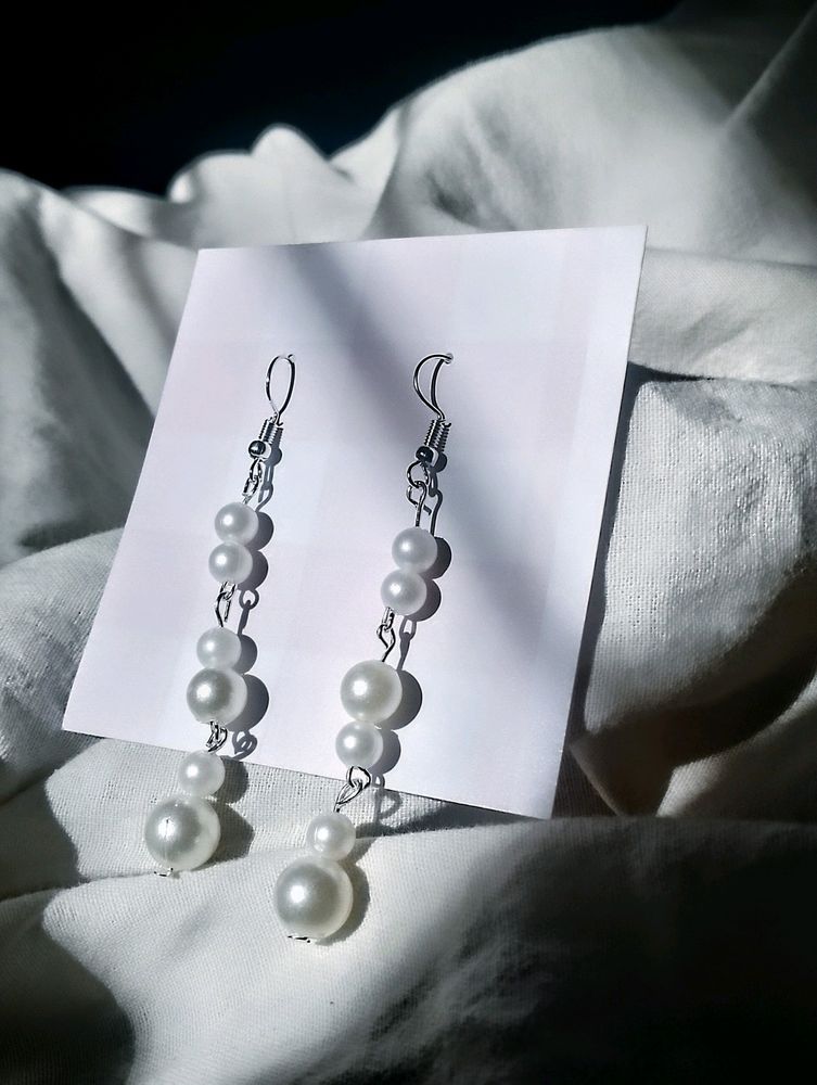 Handmade Long Faux Pearl Earrings (Silver)