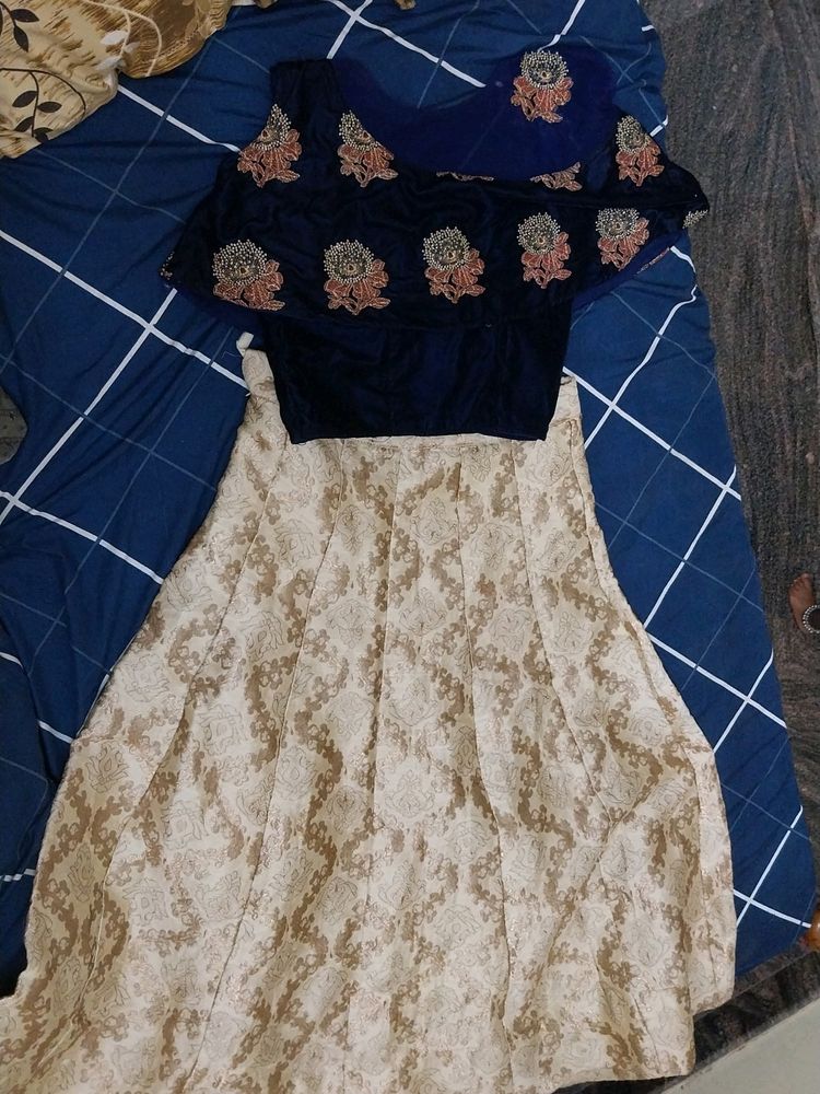 Golden Skirt With Blue Net And Velvet Cloth Top