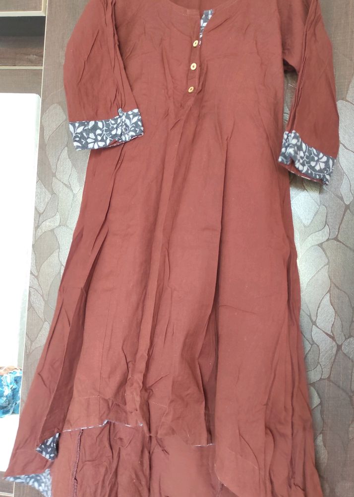 Brown Up Down Flare Kurta In Khadi