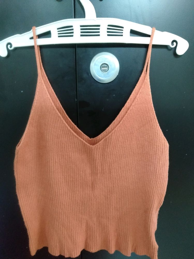 Ribbed Brown V Neck Top