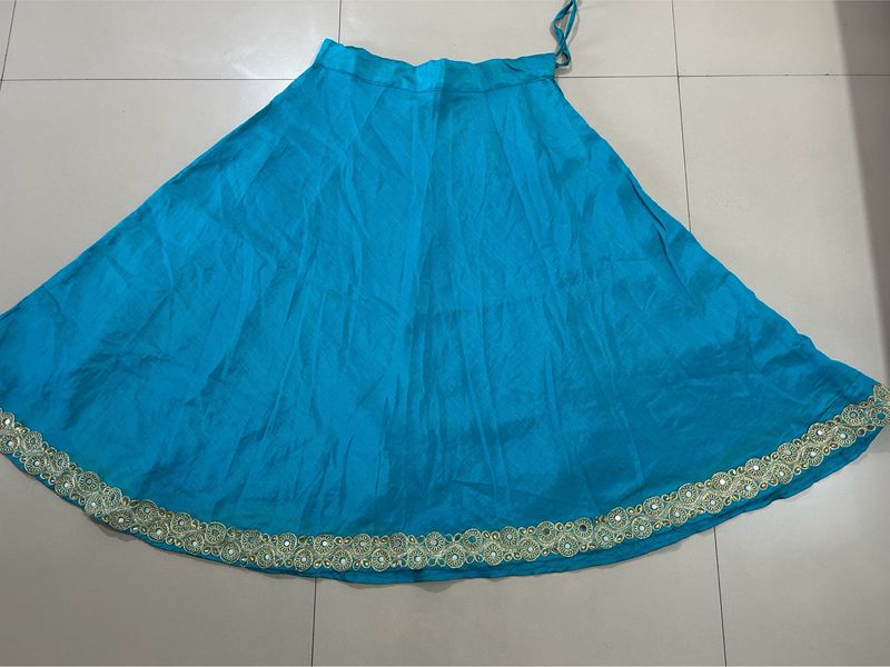 Teal Colour Plain Ghagra With Golden Border