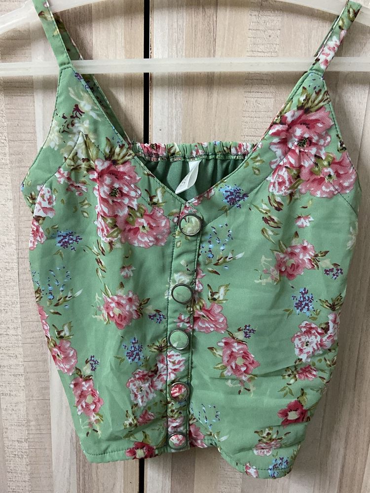 Green Floral Crop Top With Elastic