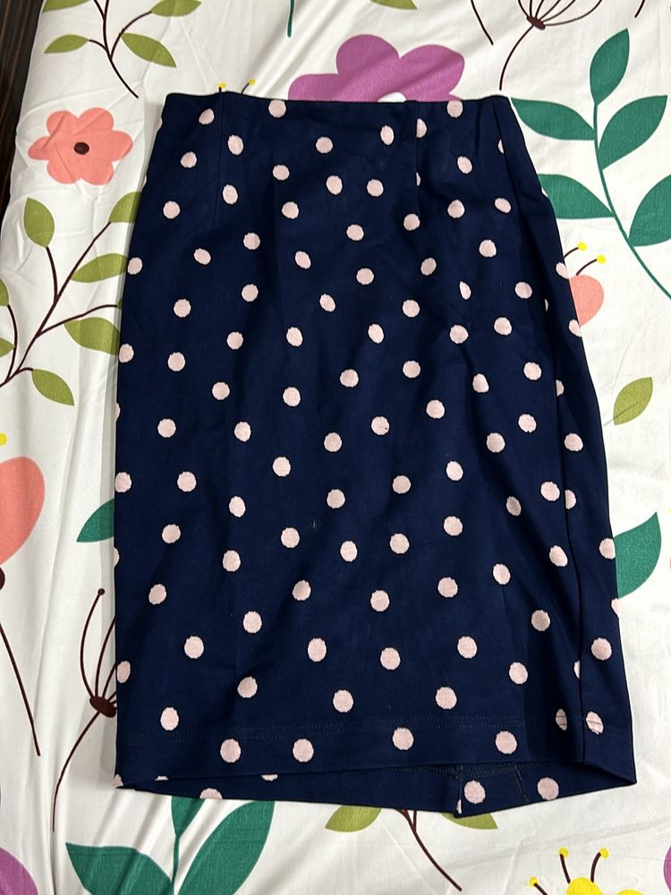 Navy Blue Polka For Fitted Knee Length Skirt