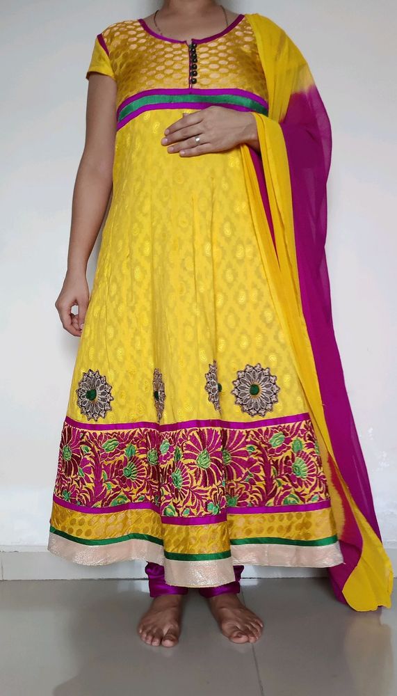 Women Yellow and pink anarkali dress  dupatta