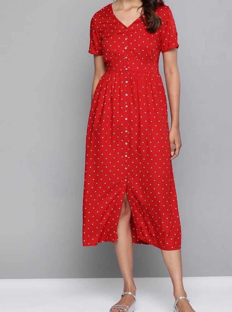 Red & White Polka Dots Print Empire Dress