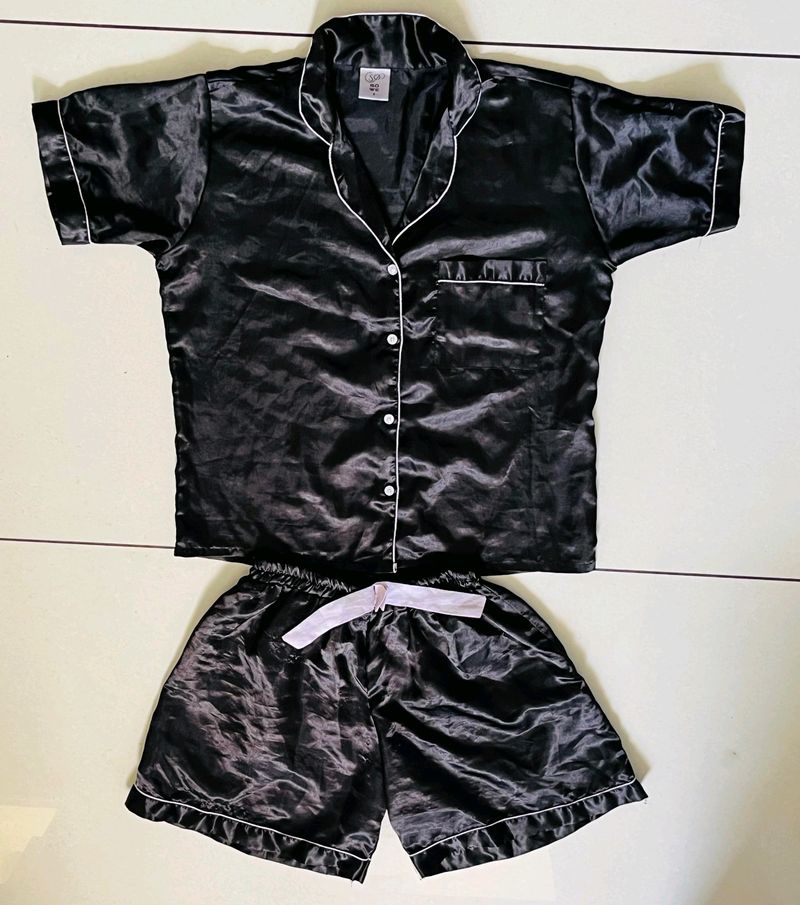 Women's Satin Solid Night Suits with Shorts Set